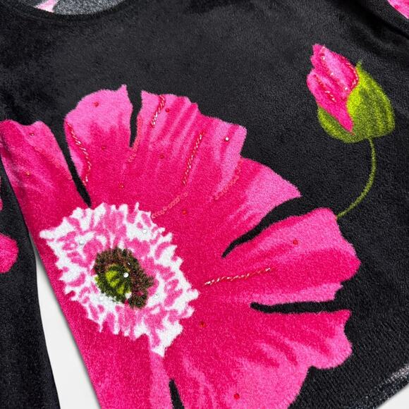 Y2K Elizabeth NY Black & Pink Floral Graphic Beaded Rhinestone Fuzzy Sweater M - Picture 7 of 8
